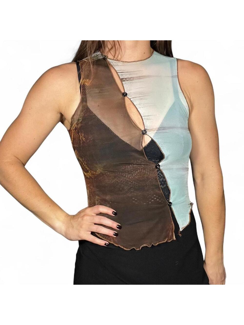 PrettyLittleThing Brown and Light Blue Sheer Tank  Size 6